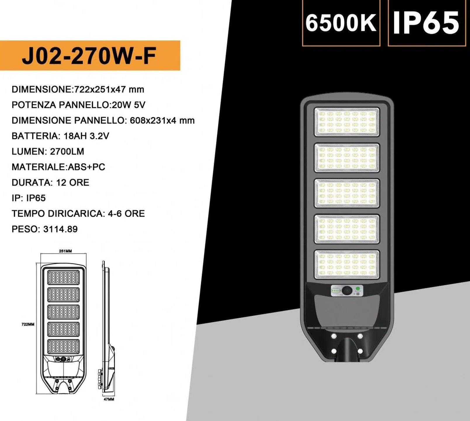Lampione Stradale LED Solare UNIVERSO J02-270W-F | 270W Equivalenti con Pannello Fotovoltaico e Sensore Movimento IP65 2700 Lumen