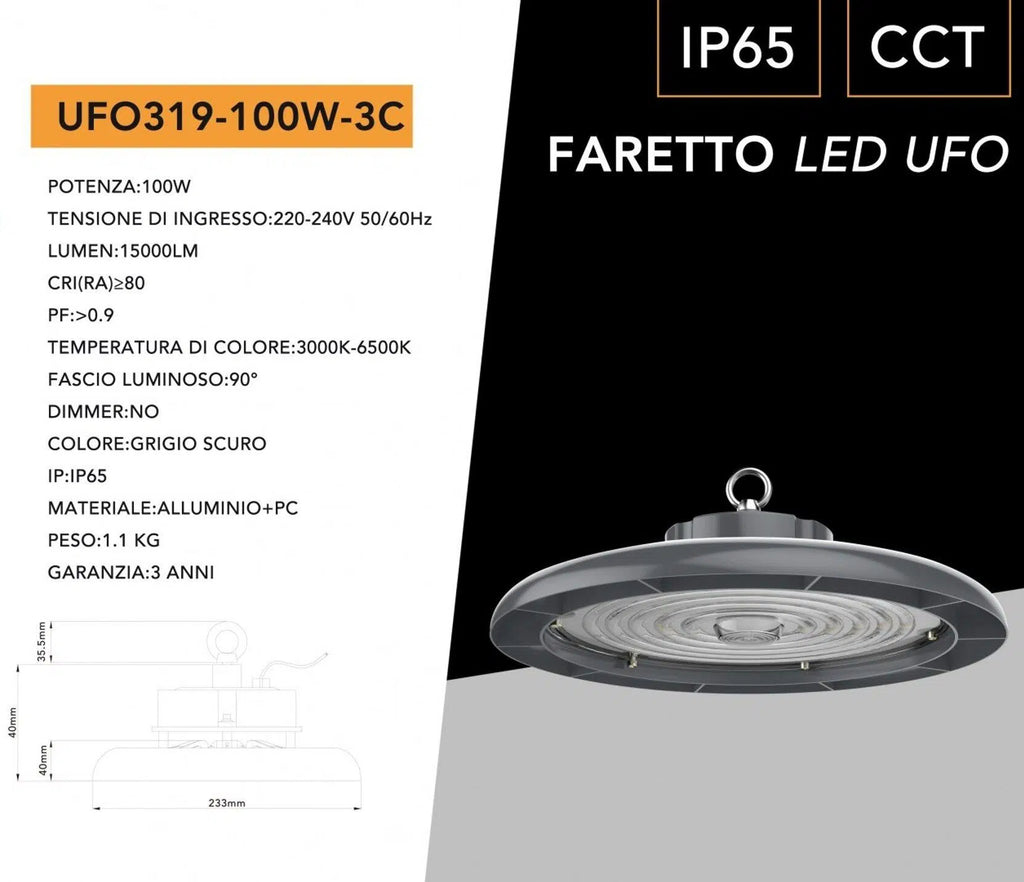 UFO Lampada Industriale SMD LED Universo UFO319-100W-3C – 100W High Bay, CCT Switch per Cambio Colore Luce