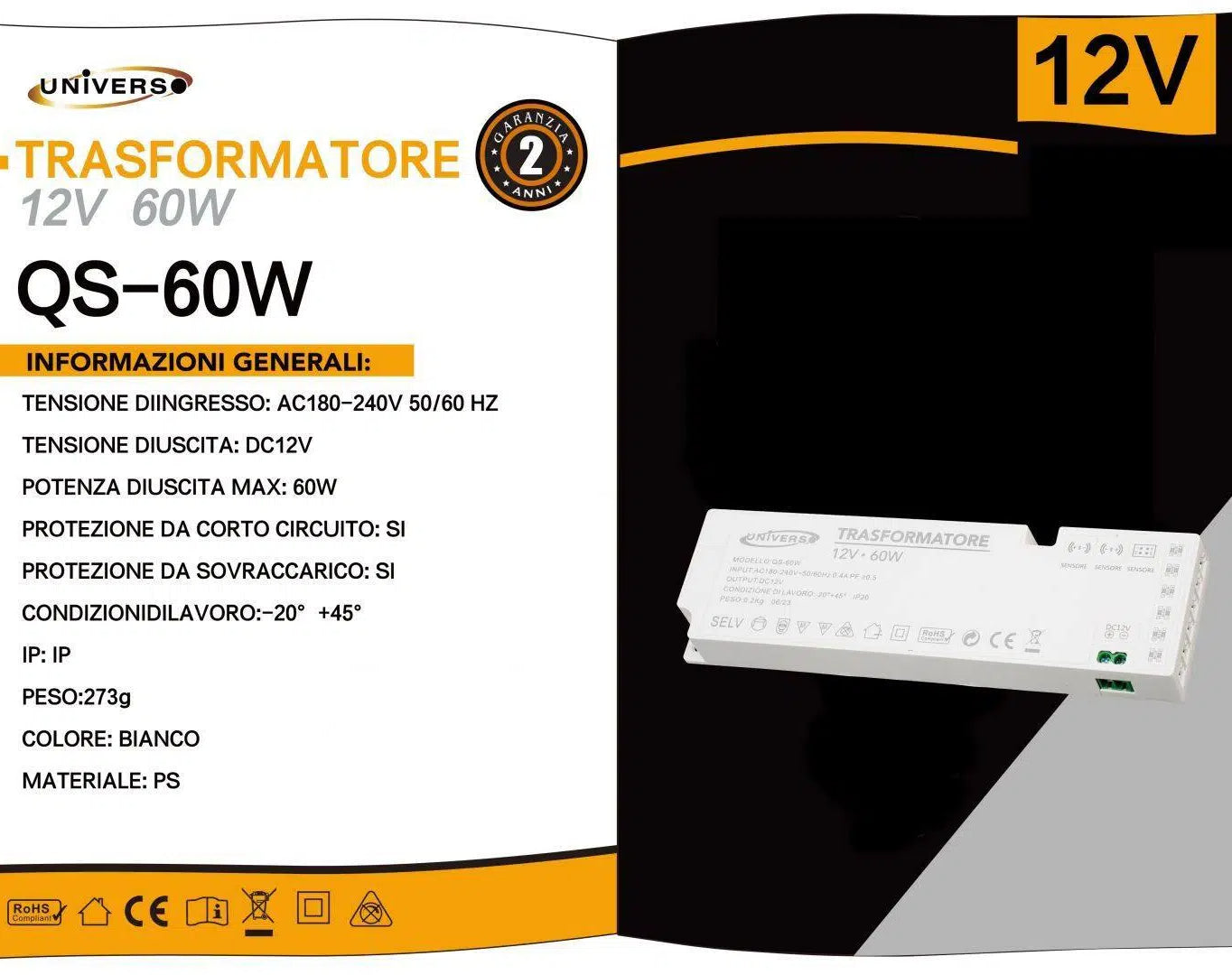 Alimentatore switching DC 12V 60W 5A con 7 uscite e 3 ingressi per sensore, ideale per strip LED e impianti di illuminazione LED domestici e professionali
