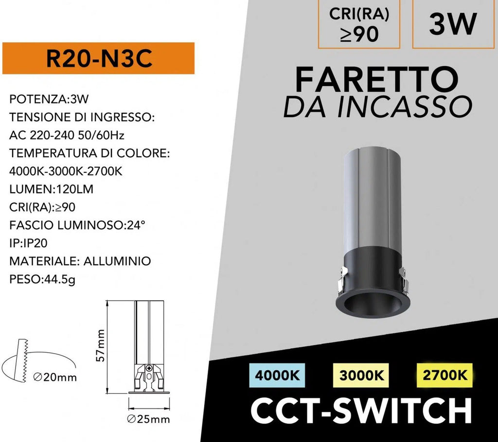 Faretto LED Rotondo da Incasso UNIVERSO R20-N3C 3W | CCT Selezionabile Nero/Argento