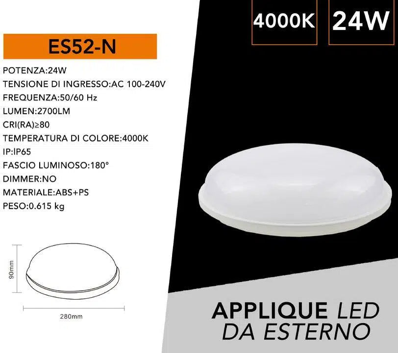 Plafoniera LED Circolare Esterno IP65 24W 2700 Lumen | Colore Bianco