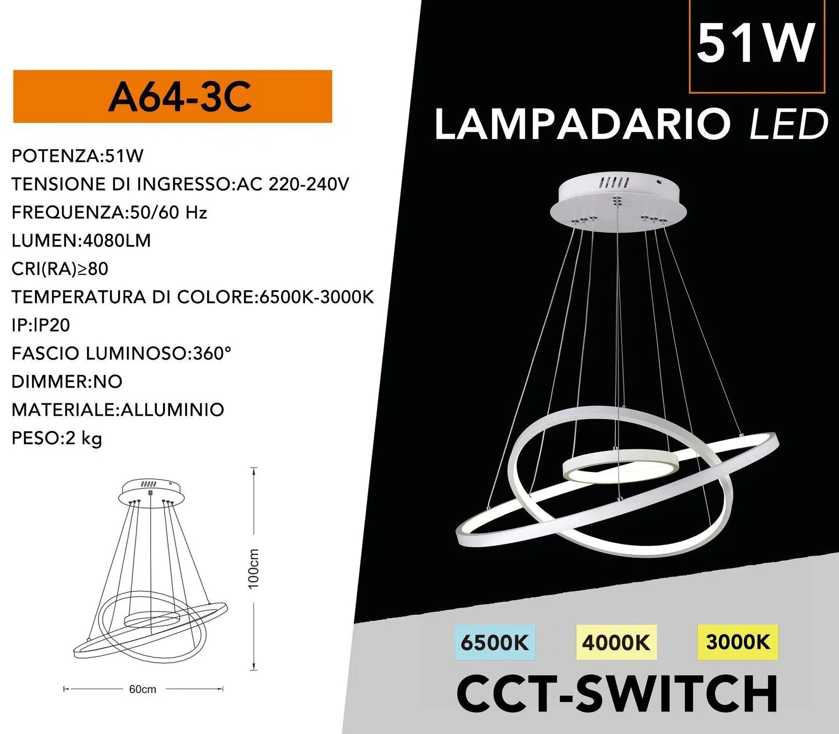 Lampadario LED a Sospensione Universo A64-3C – 51W SMD, Colore Bianco, CCT Selezionabile (3000K/4000K/6500K)