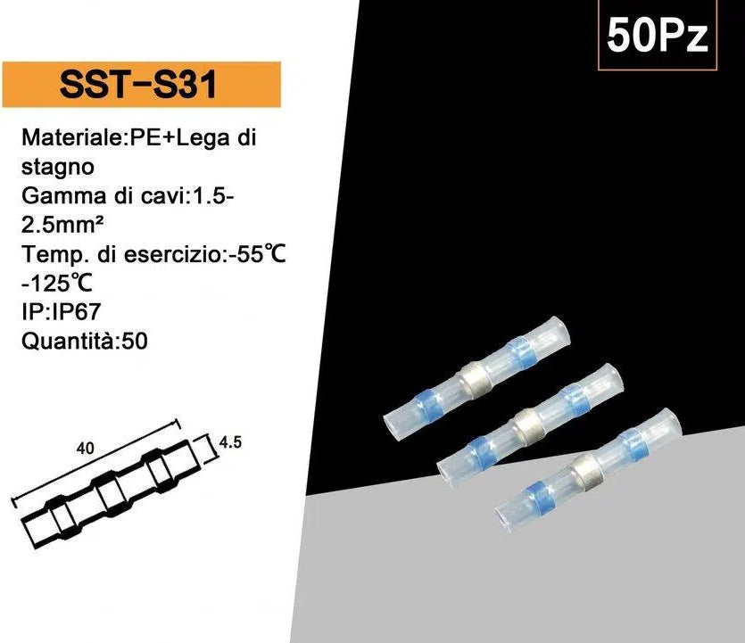 Confezione da 50 Pezzi – Connettore di Giunzione Isolato Autosaldante a Caldo per Cavi da 1,5 mm² a 2,5 mm² IP67