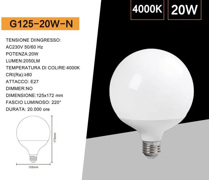 Lampadina LED Universo G125-20W – Attacco E27, Globo G125, 20W, 2050 Lumen, CCT 3000K/4000K/6500K