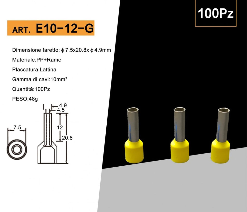 Confezione da 100 pezzi – Tubetto terminale capicorda isolato per cavi da 10 mm², terminale da 12 mm – Colori giallo, rosso, blu
