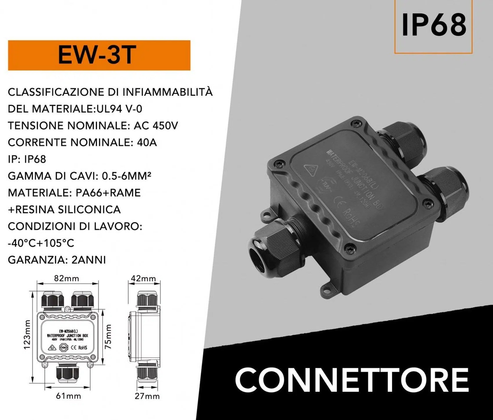 Universo EW-3T – Scatola di derivazione stagna impermeabile IP68 con 3 terminali