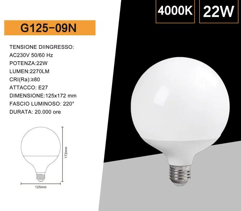 Lampadina LED E27 Universo G125-09 – 21W, Globo G125, 2000 Lumen, CCT 3000K/4000K/6500K