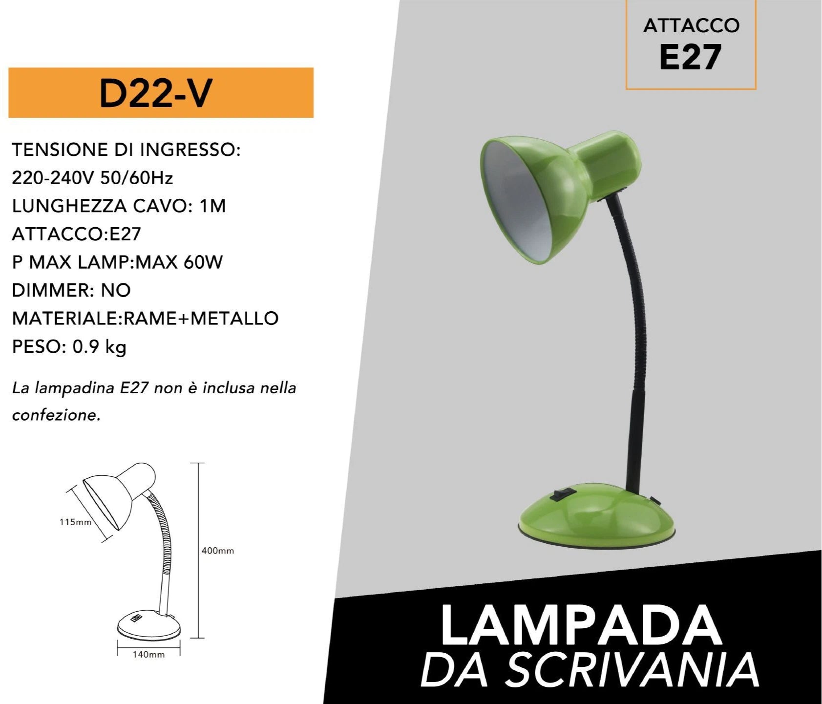 Lampada da Tavolo con Braccio Flessibile – Attacco E27, Colori Assortiti