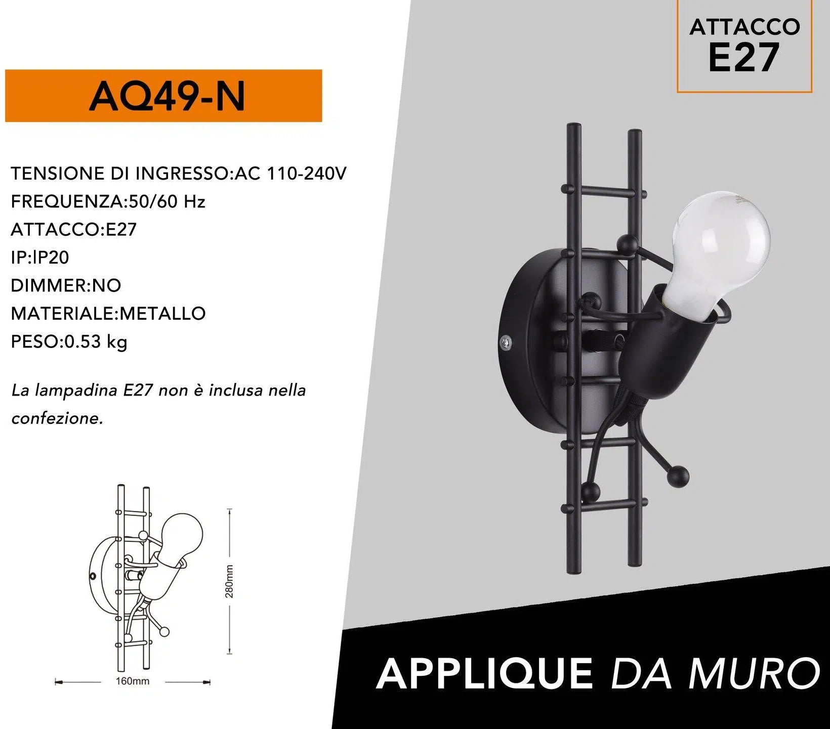Applique Lampada da Parete Decorativa in Metallo con Attacco E27 – Forma Omino su Scala, Colore Bianco o Nero