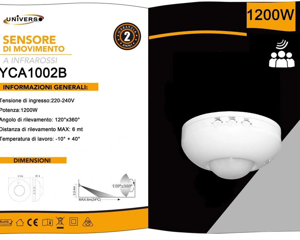 Sensore di Movimento a Infrarossi Crepuscolare Universo YCA1002B – 120° e 360°, per Lampadine fino a 1200W, IP20