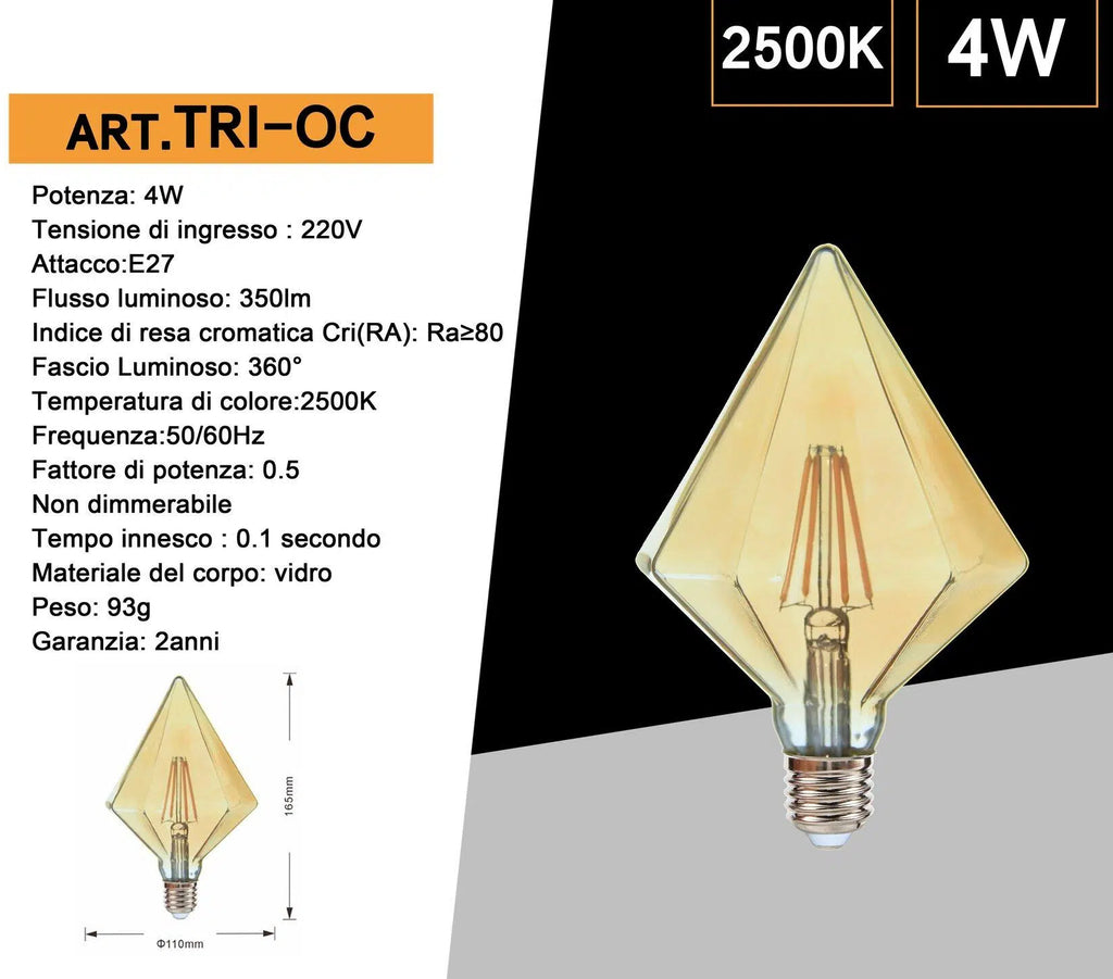Lampadina LED Vintage a Forma di Prisma – E27 4W, Vetro Ambrato, Filamento, Luce Calda 2500K