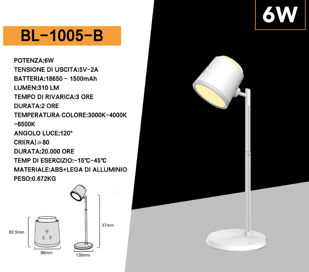 Lampada Multifunzione Ricaricabile da Tavolo BL-1005-B – 6W Dimmerabile, CCT 3in1 con Temperatura Luce Selezionabile, Colore Bianco