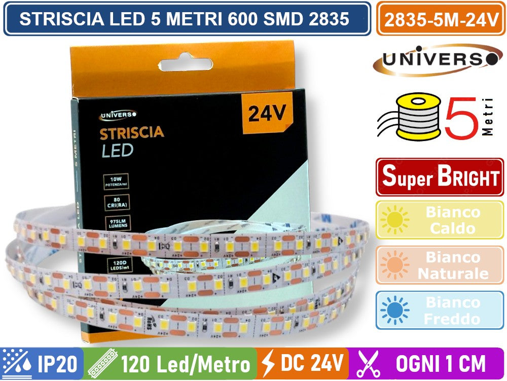 Striscia LED Flessibile Monocolore UNIVERSO | DC 24V 50W SMD 2835 120 LED/m Bobina 5m Taglio 1cm