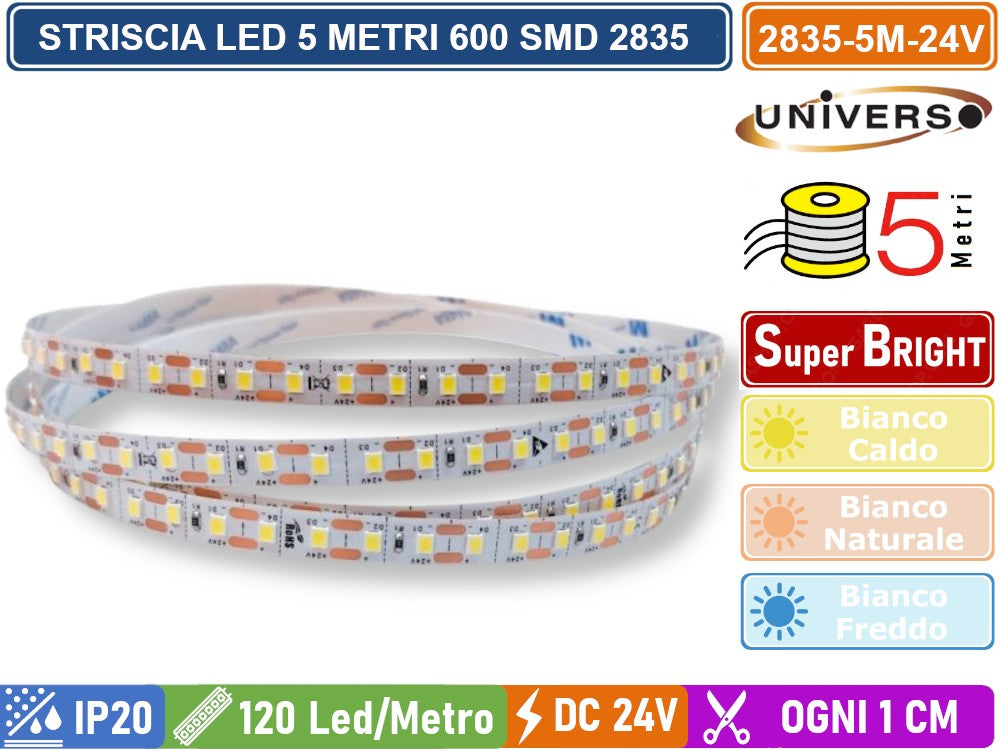 Striscia LED Flessibile Monocolore UNIVERSO | DC 24V 50W SMD 2835 120 LED/m Bobina 5m Taglio 1cm