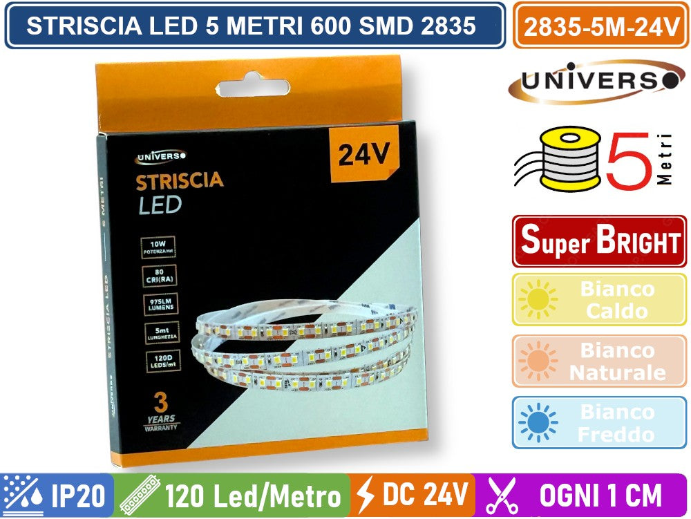 Striscia LED Flessibile Monocolore UNIVERSO | DC 24V 50W SMD 2835 120 LED/m Bobina 5m Taglio 1cm
