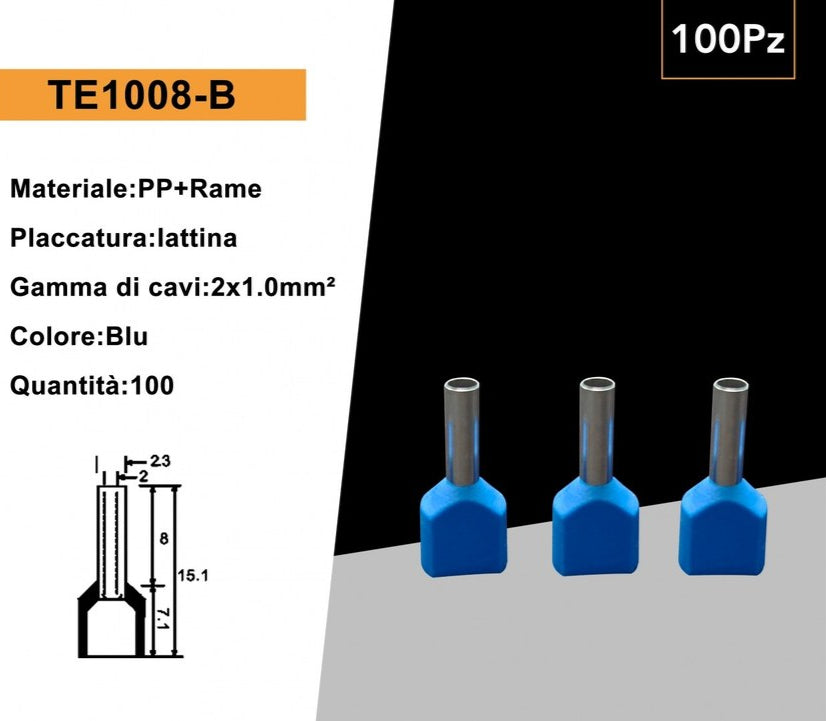 Confezione da 100 Pezzi – Tubetto Terminale Capicorda Isolato per 2 Cavi da 1,00 mm² – Terminale da 8 mm – Colori Giallo, Rosso, Blu