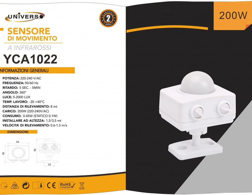 Sensore di Movimento a Infrarossi Universo YCA1022 – Per Parete o Soffitto, Angolo 360°, Illuminazione Automatica, IP20