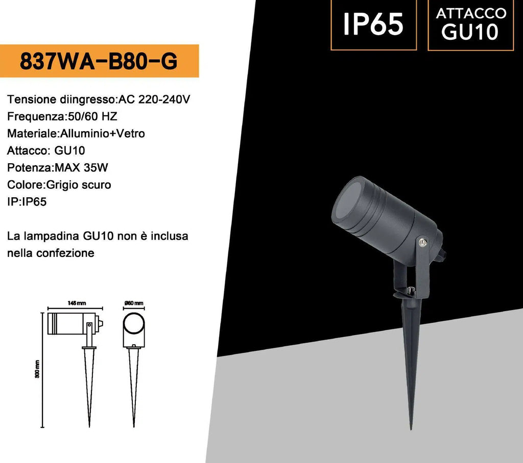 Universo 837WA-B80-G Portafaretto da Giardino con Portalampada per Lampadine GU10 Picchetto da Interramento Alluminio Nero IP65