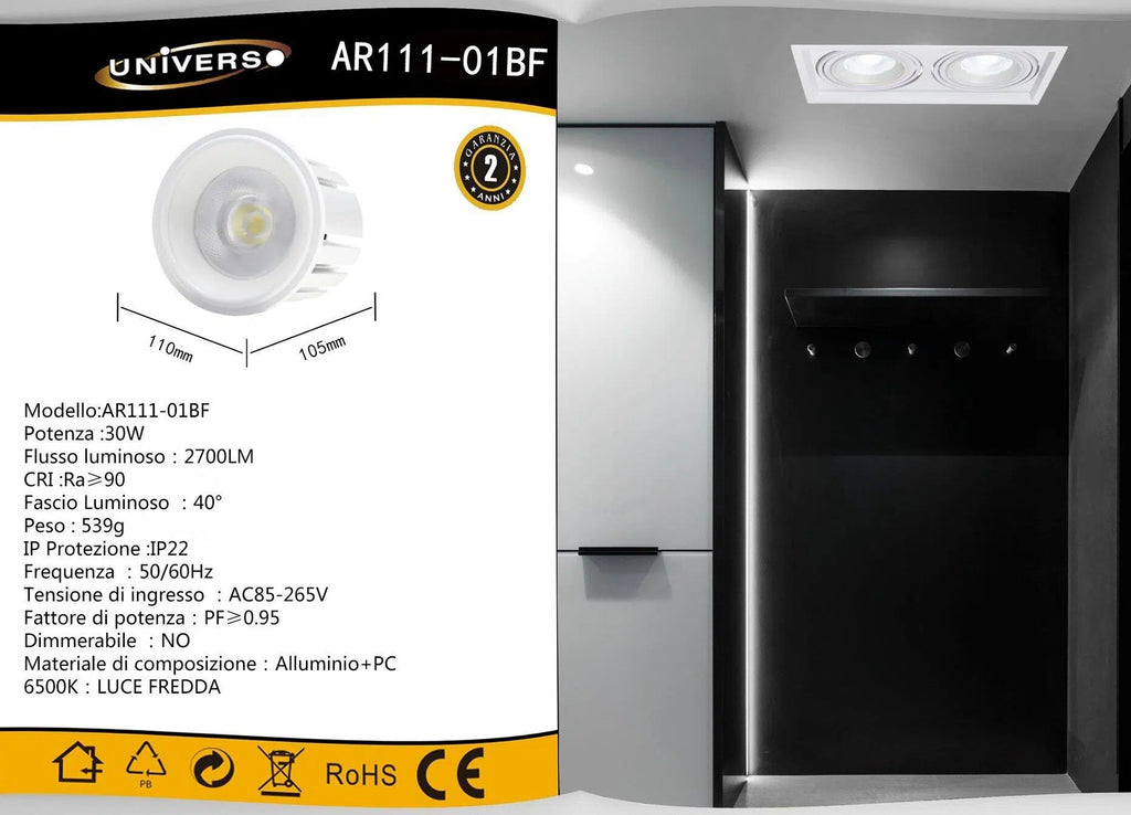 Lampadina Faretto LED Incasso AR111 30W – Con Riflettore 40°, 2700 Lumen, Colore Bianco