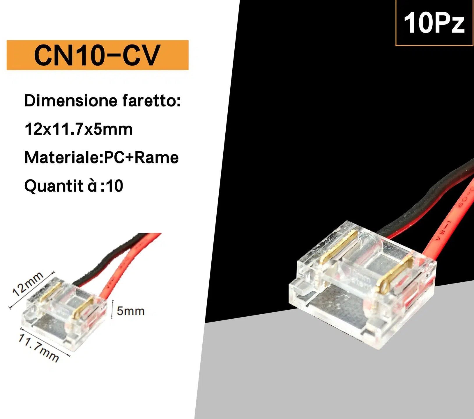 Connettore Alimentazione per Strip LED Monocolore 2 Pin 10mm | Confezione 10 Pezzi