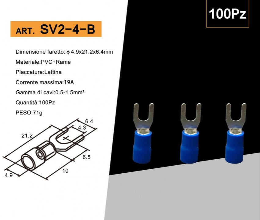 Confezione da 100 pezzi – Capicorda terminale a forcella isolato, a crimpare per cavi da 1,5 mm² a 2,5 mm², misura M4
