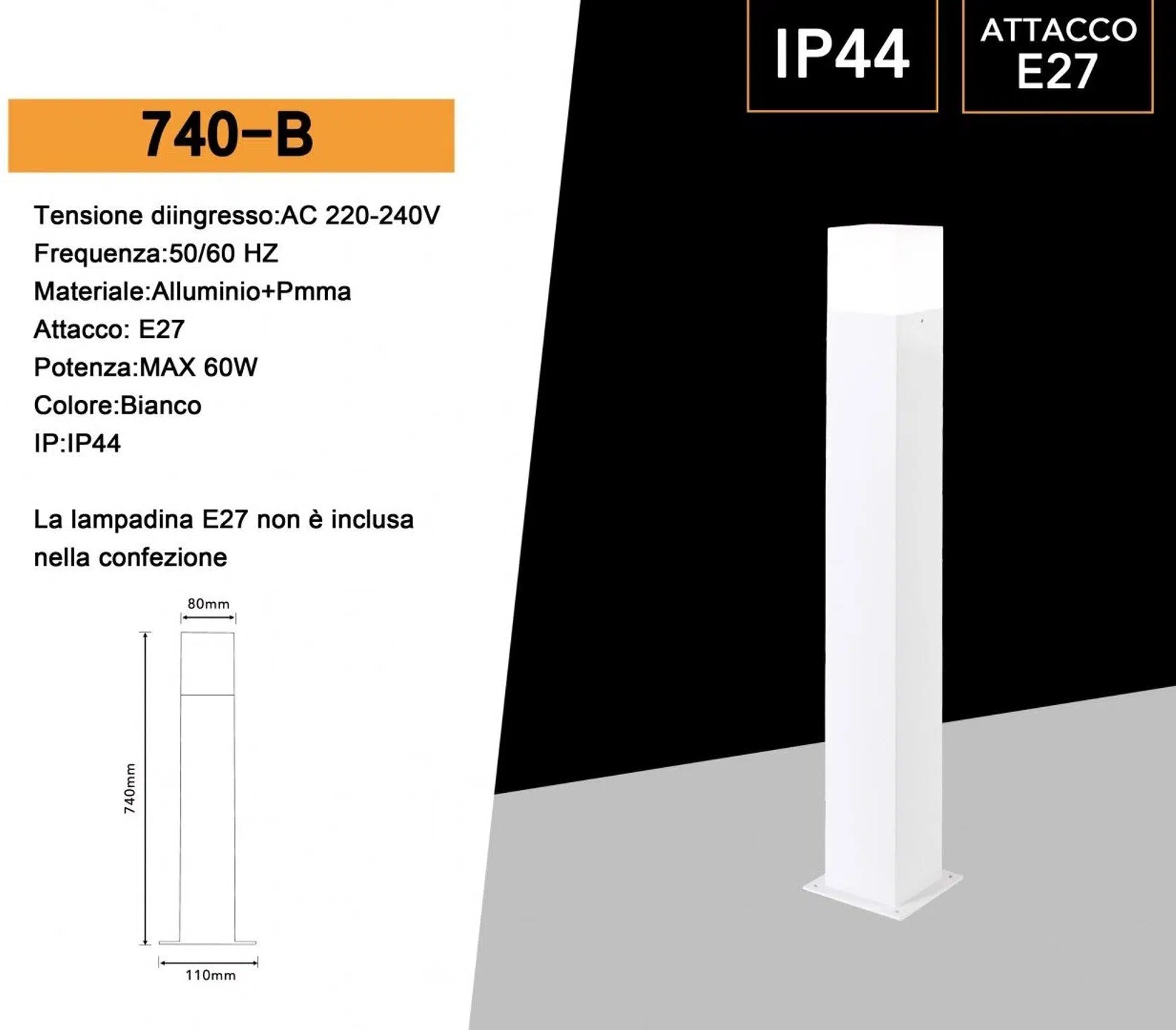 Portalampada Applique da Giardino Universo 740-B – Wall Light Quadrato per Lampadine E27, Colore Bianco, IP44