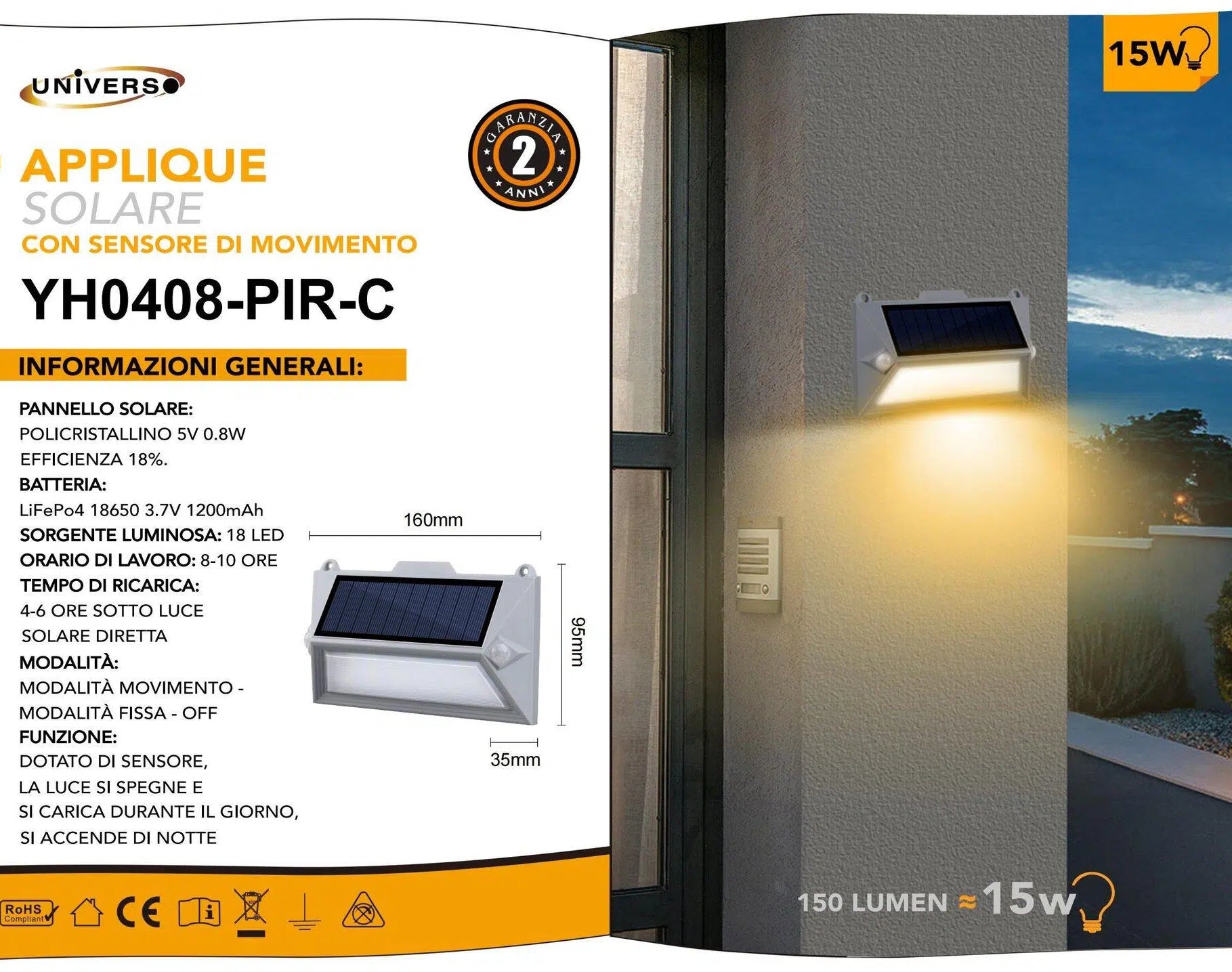 Applique LED Ricaricabile 3.6W con Pannello Solare – Doppio Sensore di Movimento e Crepuscolare, IP65 per Esterno