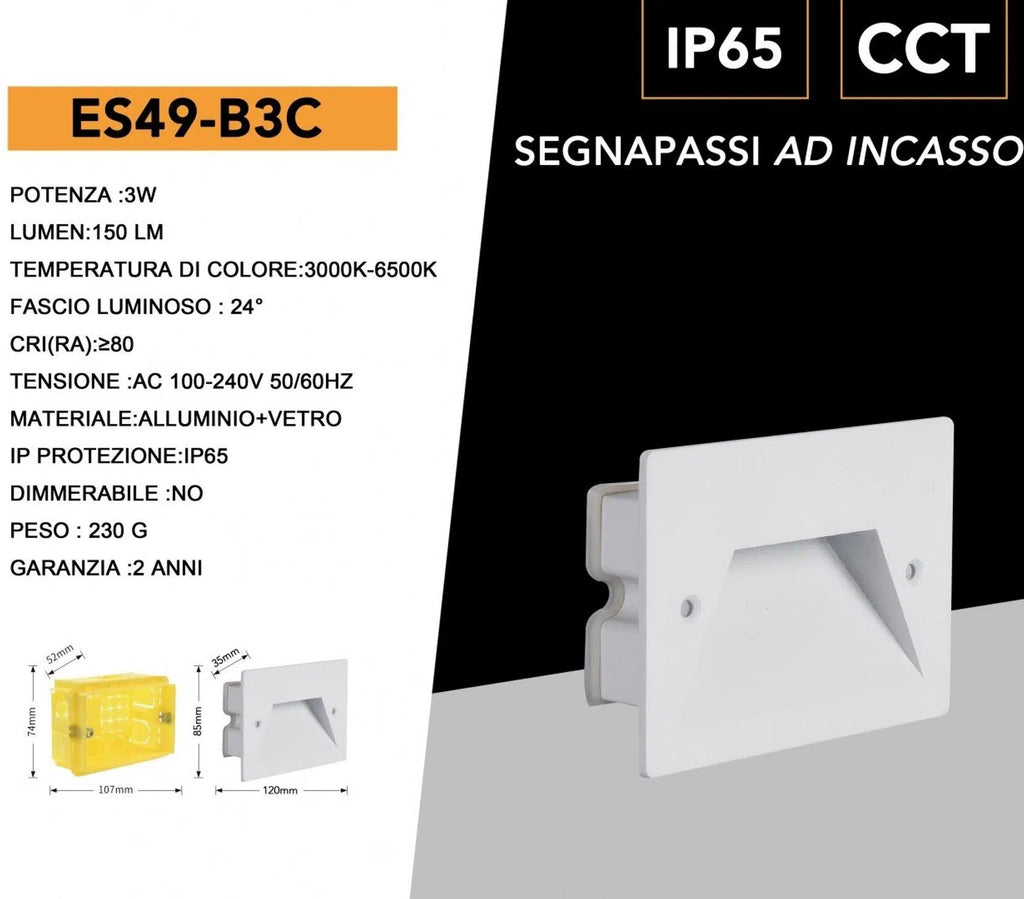 Universo ES49-B3C Punto Luce Segnapasso Rettangolare LED ad Incasso Cambia Colore CCT 3in1 3W 24° da Esterno IP65