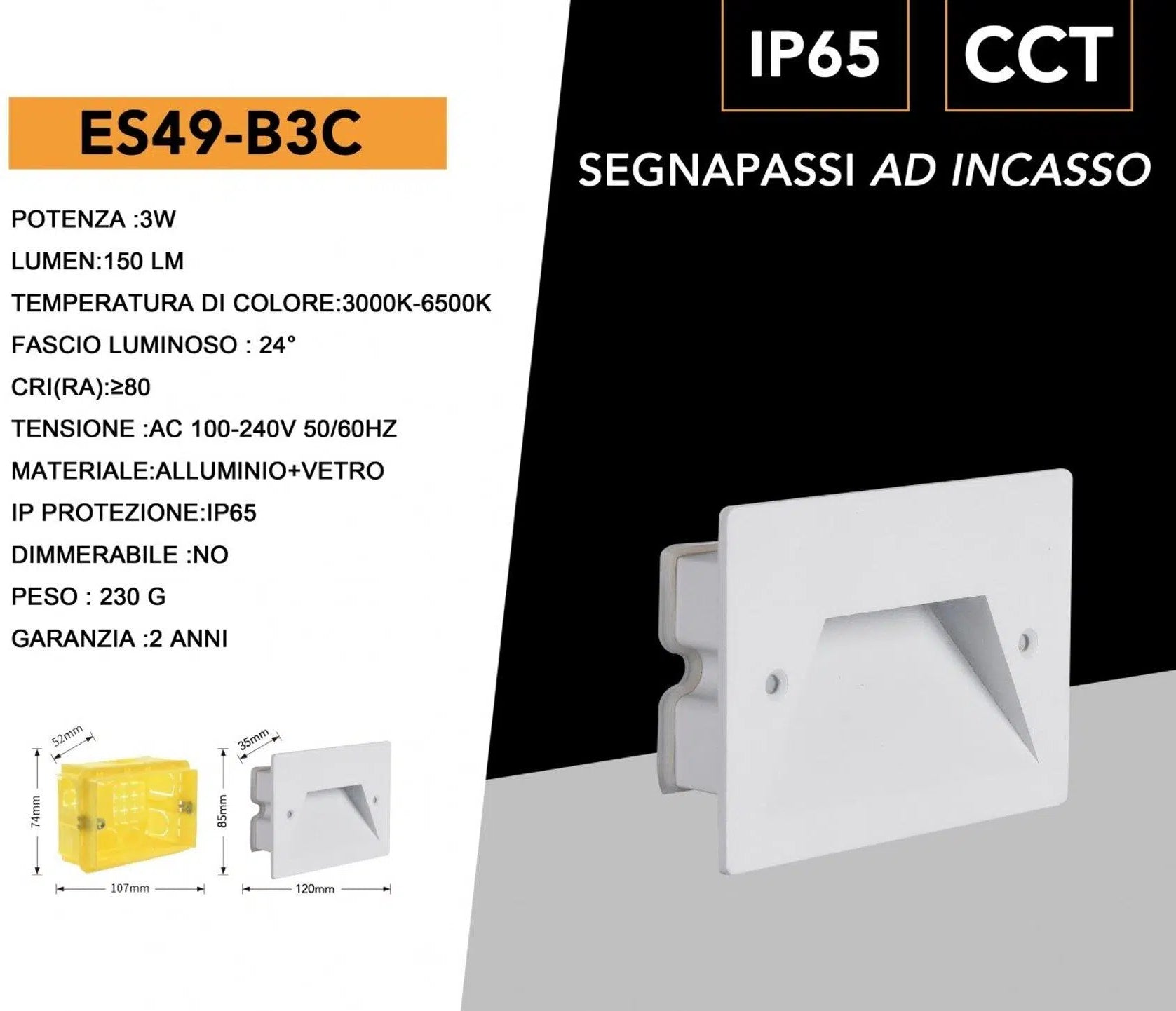 Punto Luce Segnapasso LED Rettangolare Colore Bianco Montaggio a Incasso 503E 3W 24° da Esterno IP65