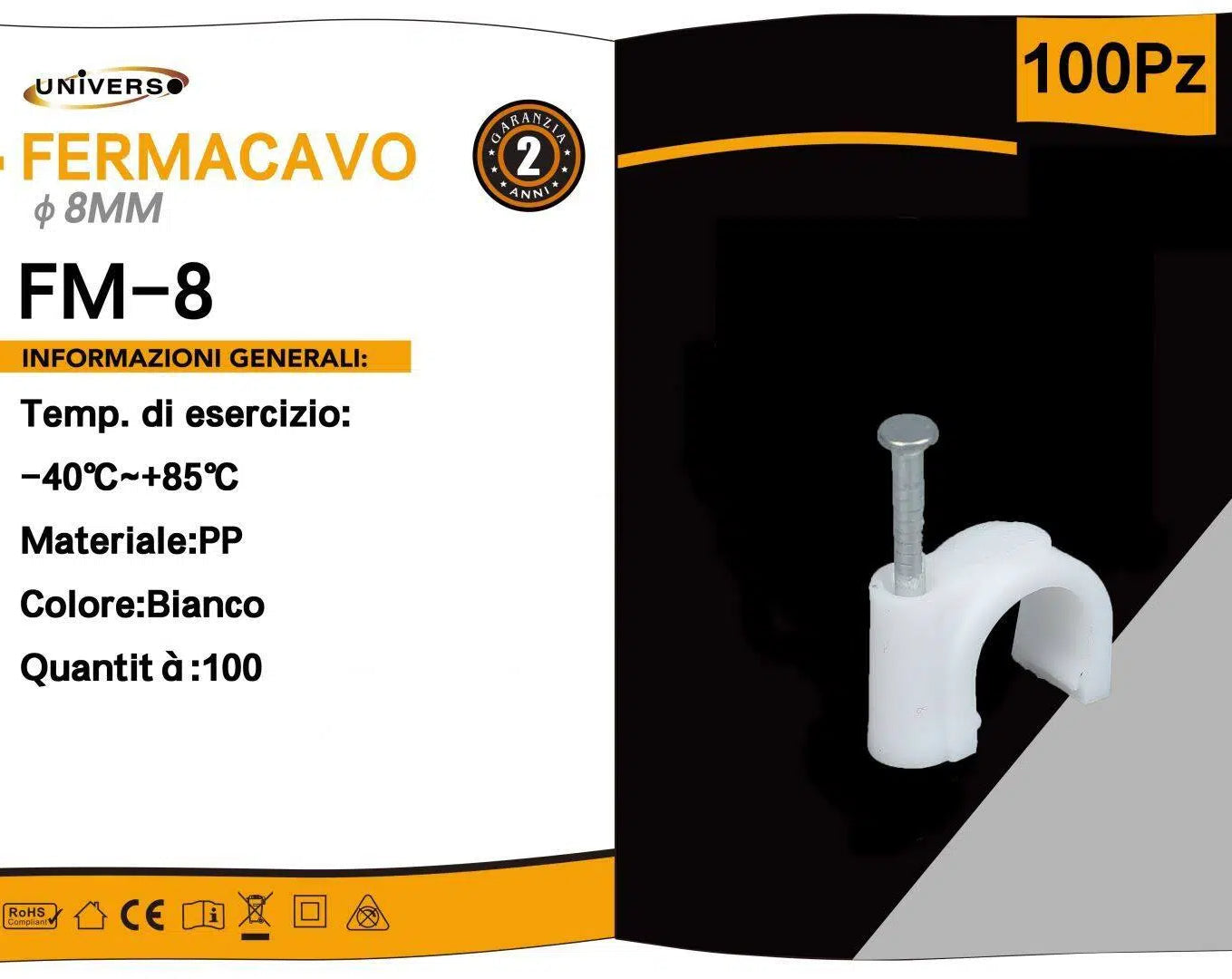 Confezione da 100 pezzi – Fermacavo Ø 8 mm, colore bianco
