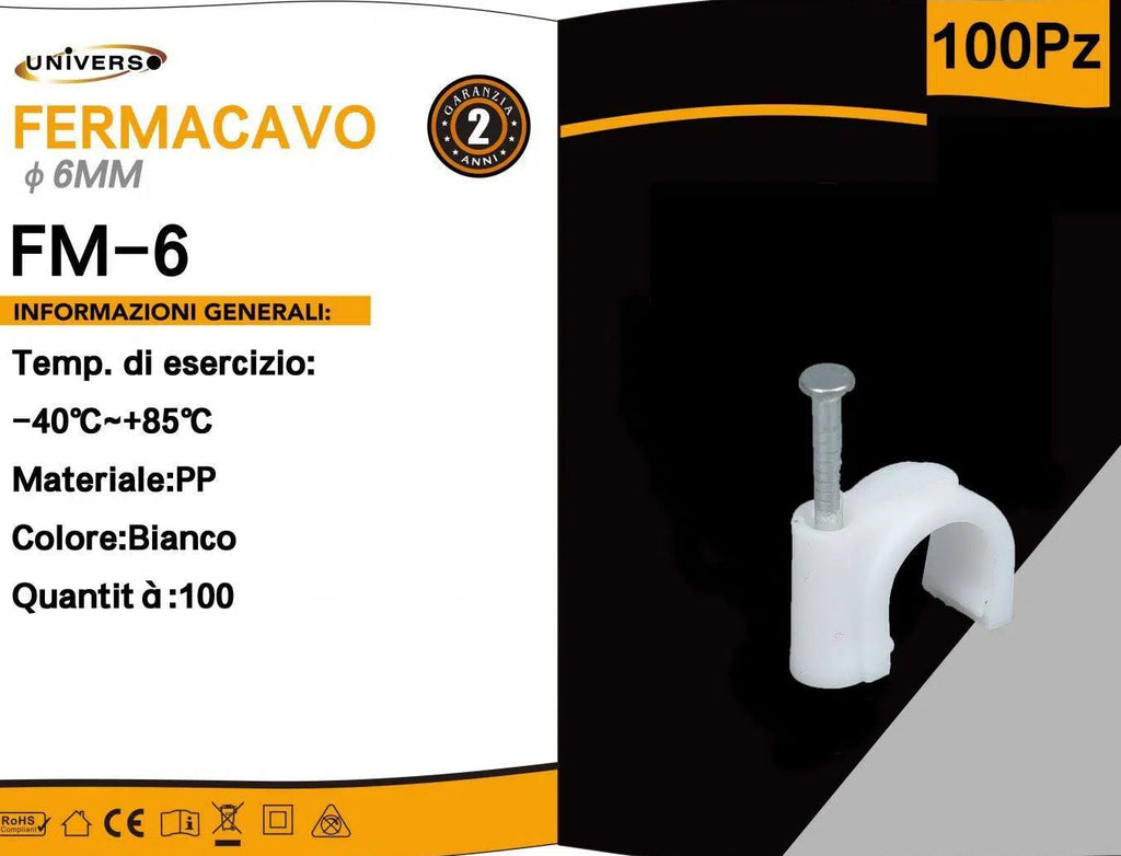 Confezione da 100 pezzi – Fermacavo Ø 6 mm, colore bianco