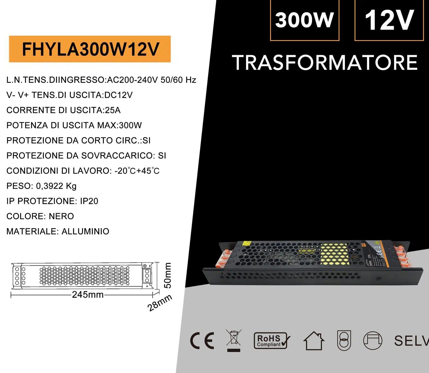 Alimentatore Slim Metallico Switching Stabilizzato 300W – Ingresso 220V, Uscita 12V 25A, Colore Nero, con trimmer regolabile