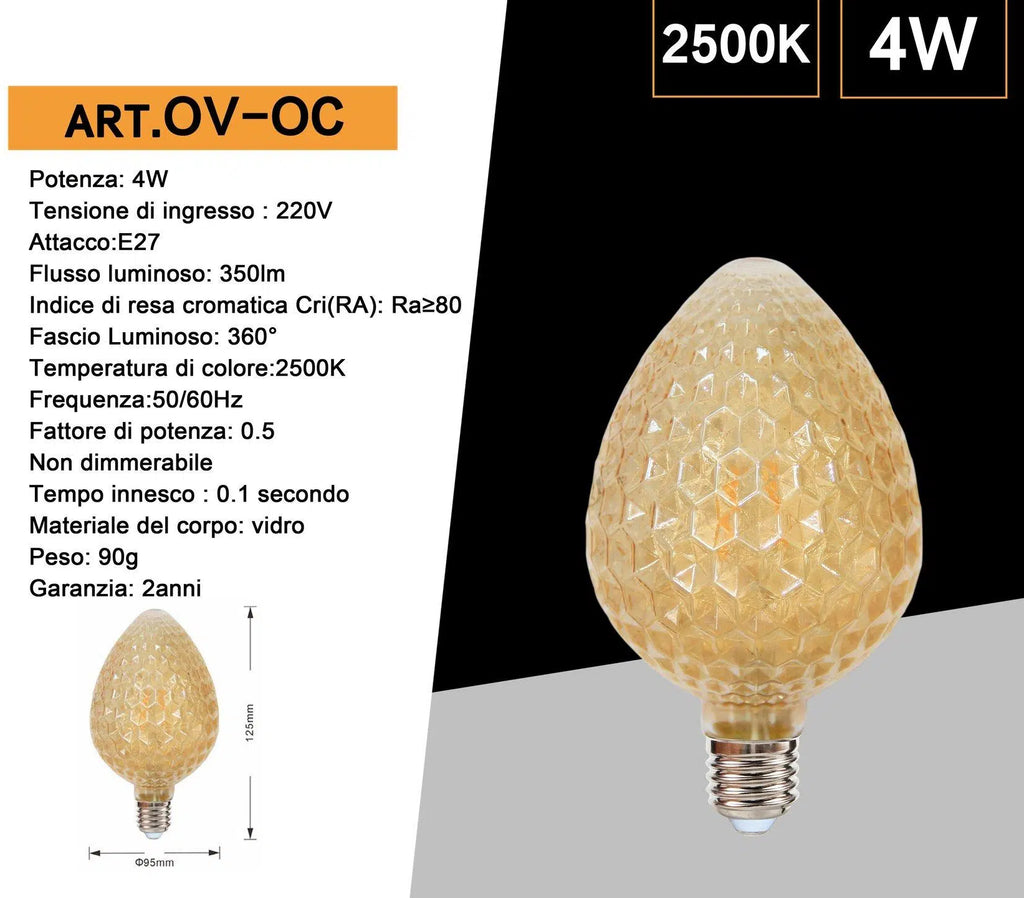 Lampadina LED Vintage a Forma di Pigna – E27 4W, Vetro Ambrato, Luce Calda 2500K