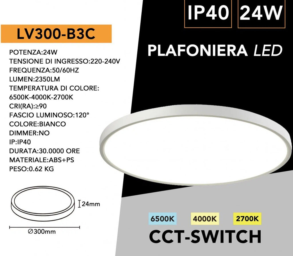 Plafoniera Ultra Slim SMD LED Rotonda UNIVERSO LV-300-B3C 24W Ø30cm | CCT 3in1 IP40 Bianco