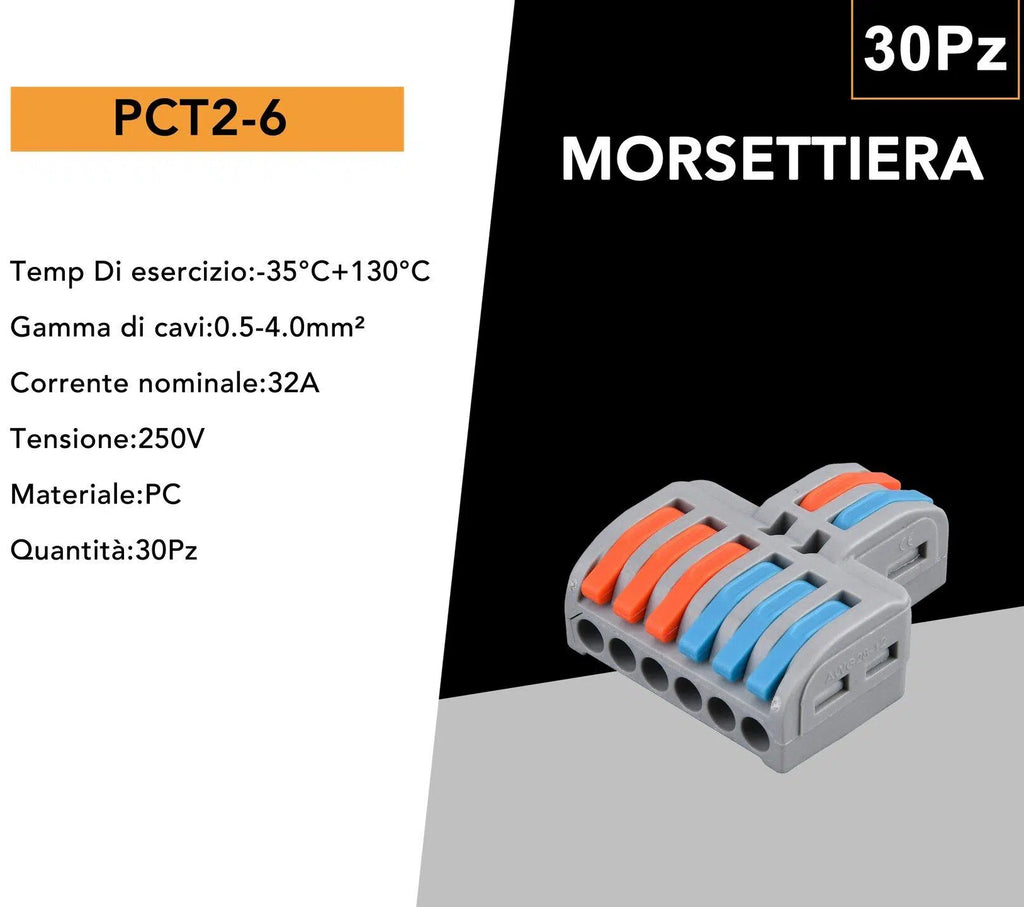 Morsetto Connettore Universale Multipolo UNIVERSO | Connessione Rapida Senza Viti 2 Ingressi / 6 Uscite | Confezione 5 Pezzi