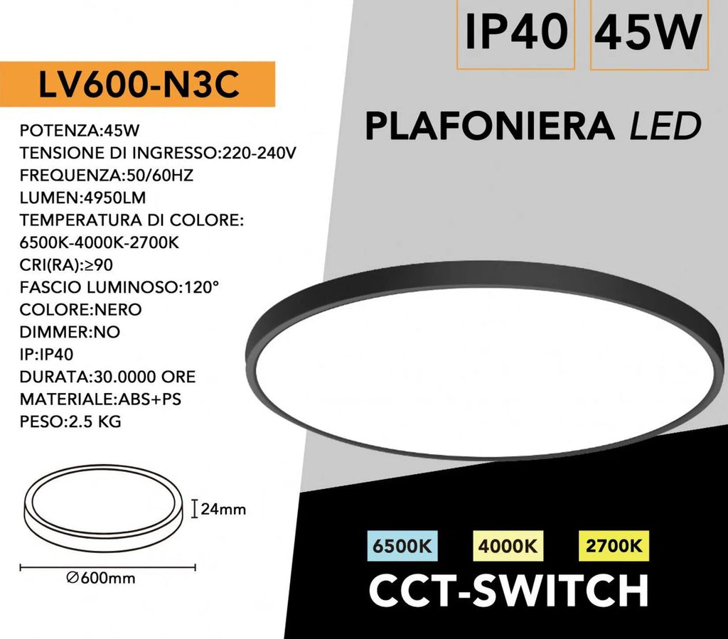Plafoniera Ultra Slim SMD LED Rotonda UNIVERSO LV-600-N3C 45W Ø60cm | CCT 3in1 IP40 Nero