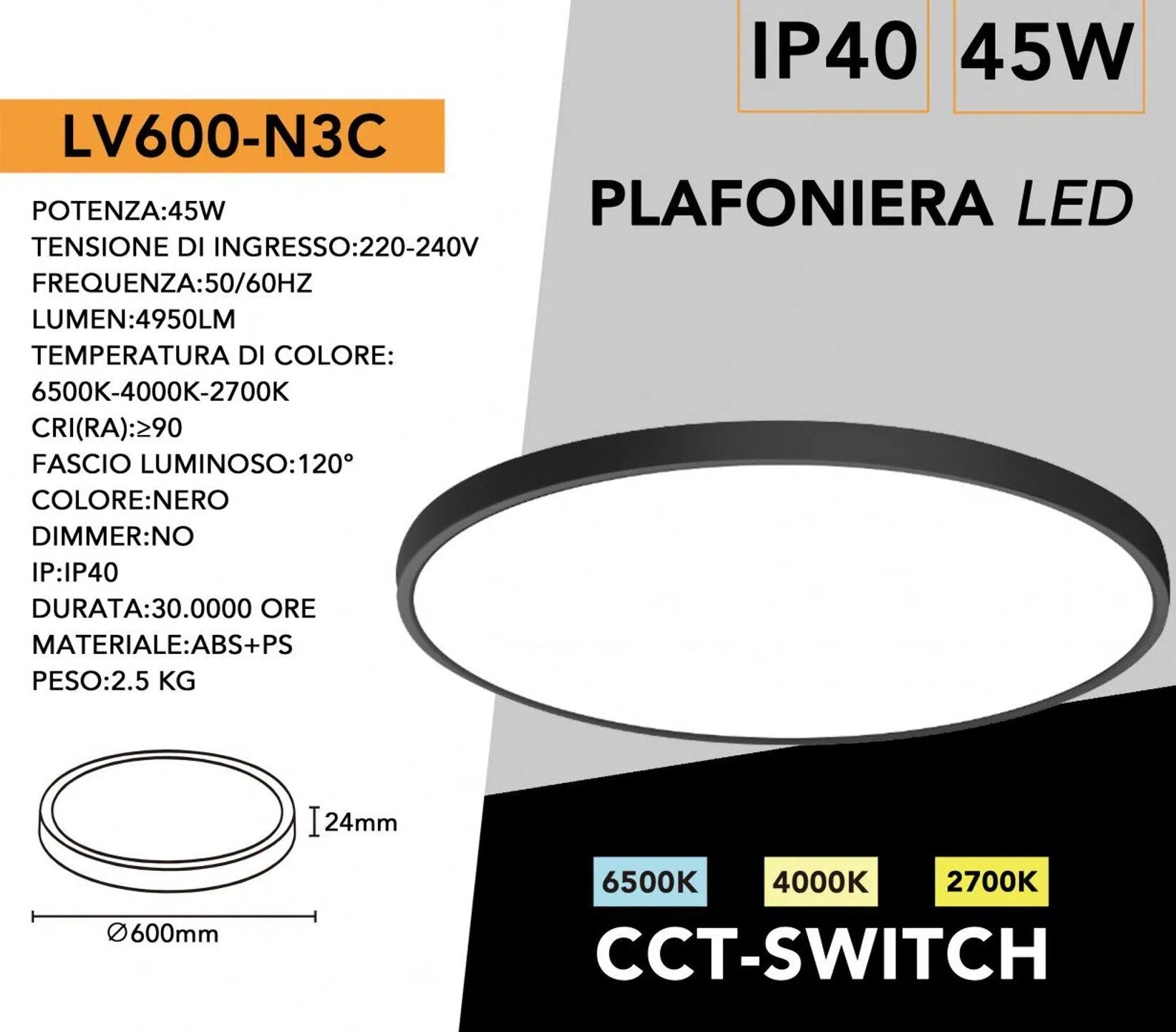 Plafoniera Ultra Slim SMD LED Rotonda UNIVERSO LV-600-N3C 45W Ø60cm | CCT 3in1 IP40 Nero