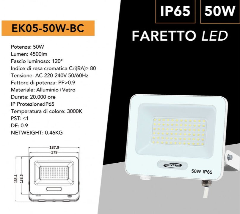 Proiettore SMD LED Slim UNIVERSO EK05-50W-B 50W | CCT Selezionabile 3000K-4000K-6500K IP65 Bianco