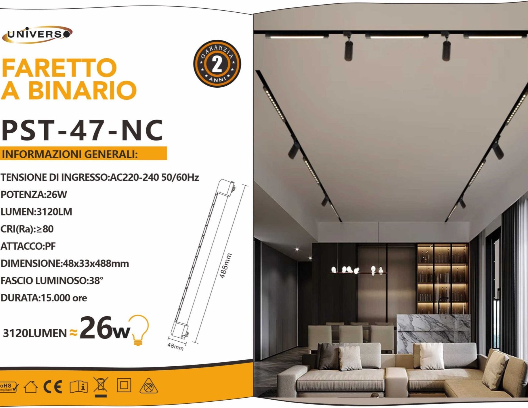 Track Light Faretto Lineare LED SMD Universo PST-47-N – 26W, 38°, per Binario Elettrificato Monofase, Colore Nero