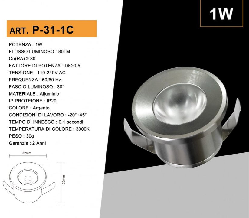 Faretto LED Rotondo da Incasso Acciaio Satinato 1W UNIVERSO P-31-1 | CCT Selezionabile 3000K-4000K-6500K + RGB