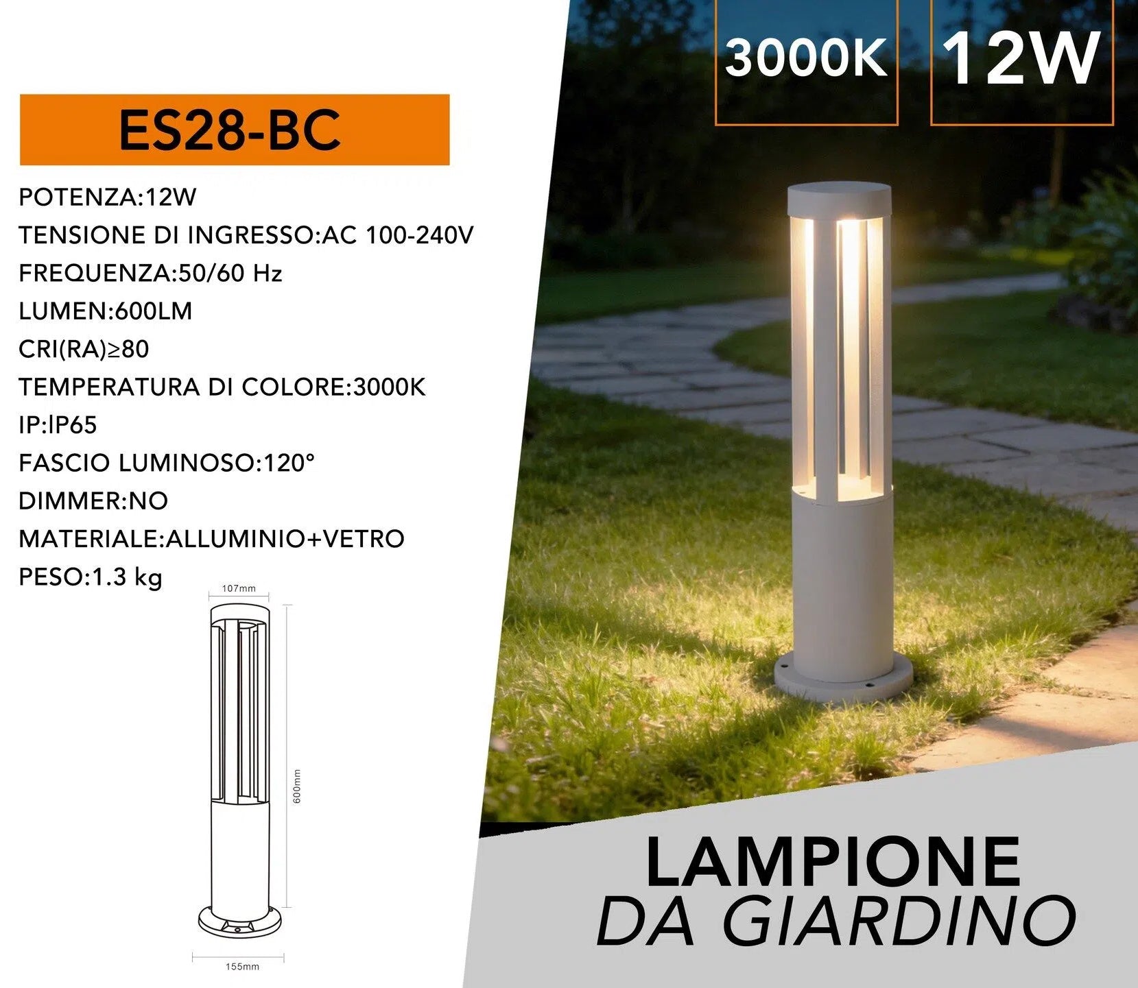 Lampada LED da Giardino con Fissaggio a Terra – 12W, Colore Bianco, 600 Lumen, IP65, Altezza 60 cm