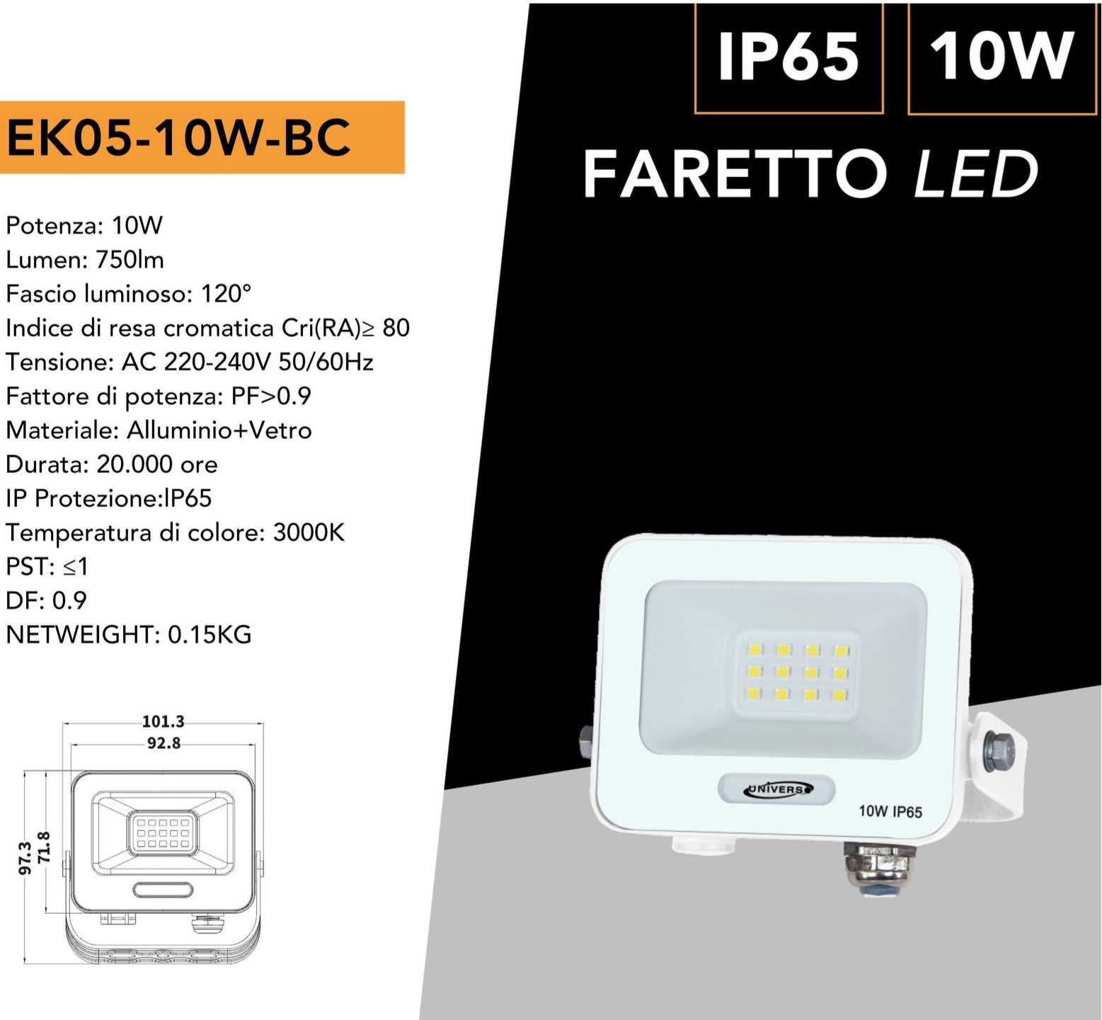 Proiettore SMD LED Slim UNIVERSO EK05-10W-B 10W | CCT Selezionabile 3000K-4000K-6500K IP65 Bianco