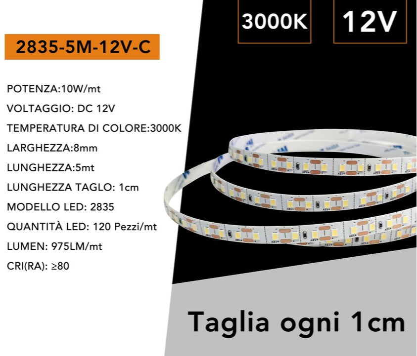 Striscia LED Flessibile Monocolore UNIVERSO | DC 12V 50W SMD 2835 120 LED/m Bobina 5m Taglio 1cm
