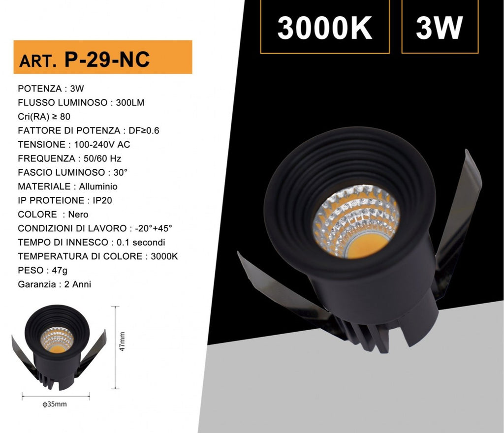 Faretto LED Rotondo da Incasso Nero 3W | CCT Selezionabile 3000K-4000K-6500K IP20