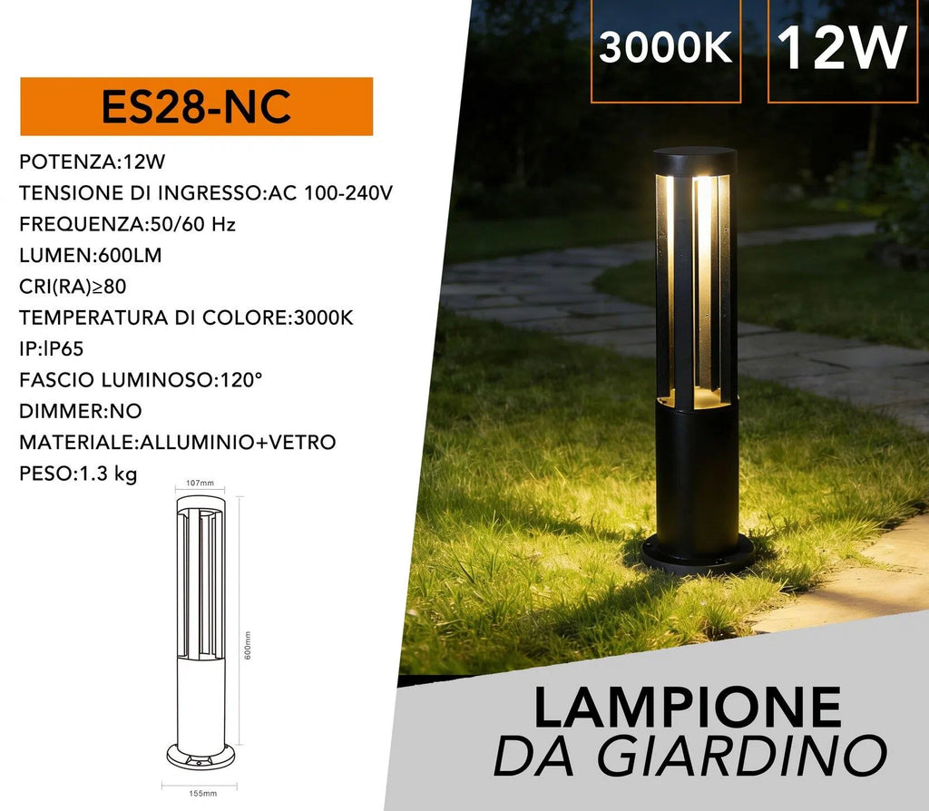 Lampada LED da Giardino con Fissaggio a Terra – 12W, Colore Nero, 600 Lumen, IP65, Altezza 60 cm