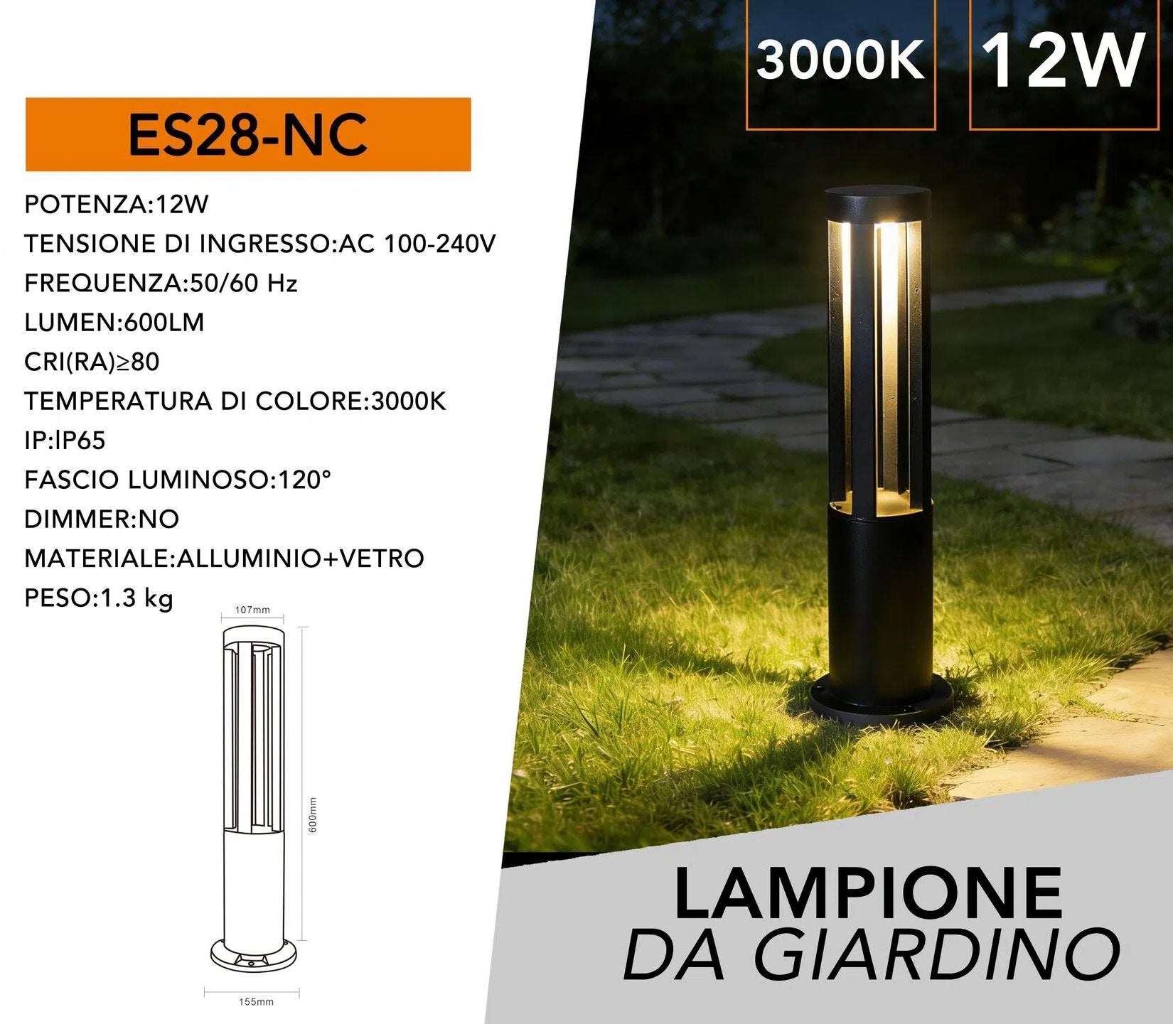 Lampada LED da Giardino con Fissaggio a Terra – 12W, Colore Nero, 600 Lumen, IP65, Altezza 60 cm