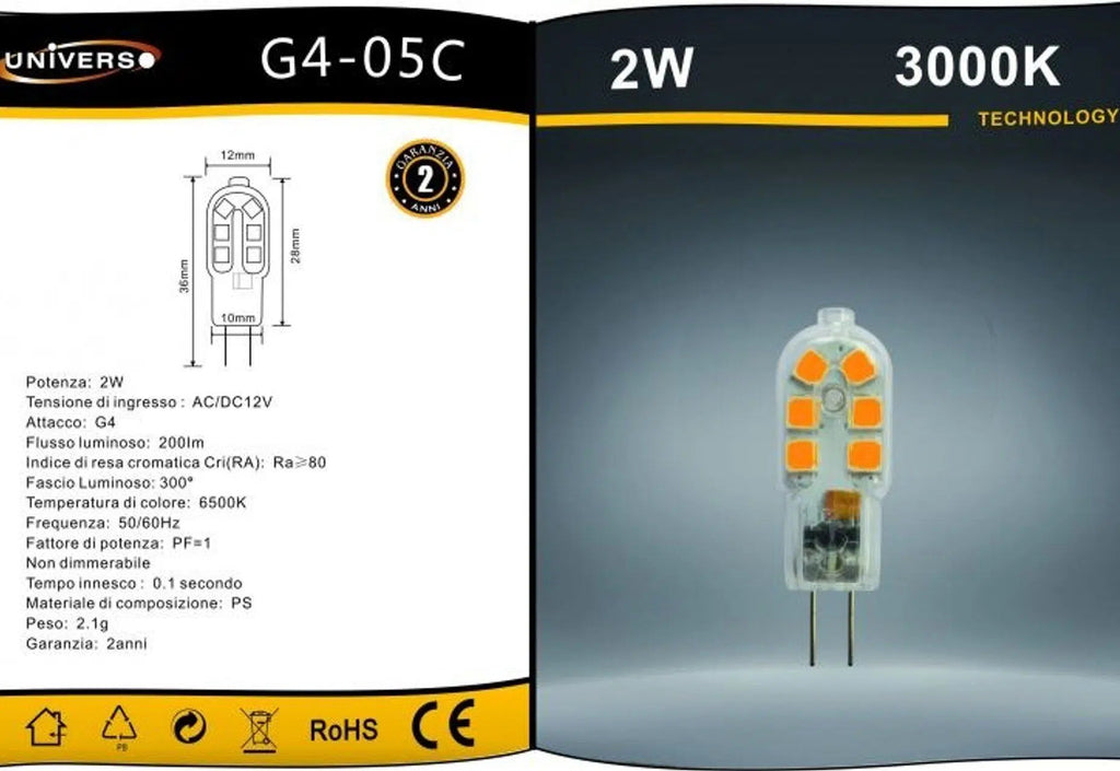 Lampadina LED G4 Universo G4-05 – 2W Bulb Chip SMD, 300°, 200 Lumen, AC/DC 12V