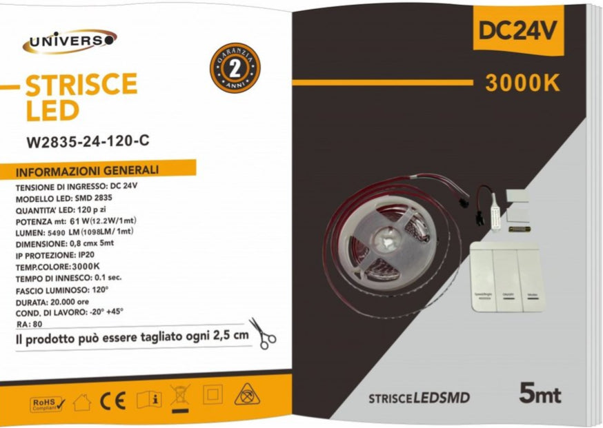 Striscia LED Flessibile Monocolore DC 24V 59W | 600 LED SMD 2835 5310 Lumen 10 Giochi di Luce IP20