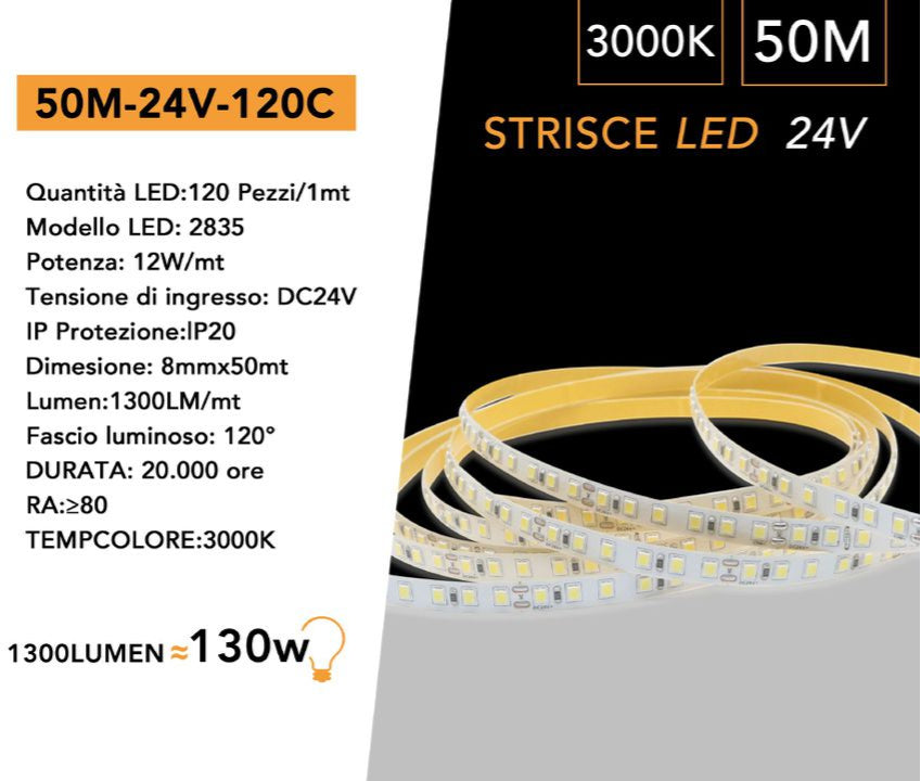 Striscia LED SMD 2835 Monocolore 50m 12W/m 24V | 120 LED/m 53.000 Lumen IP20