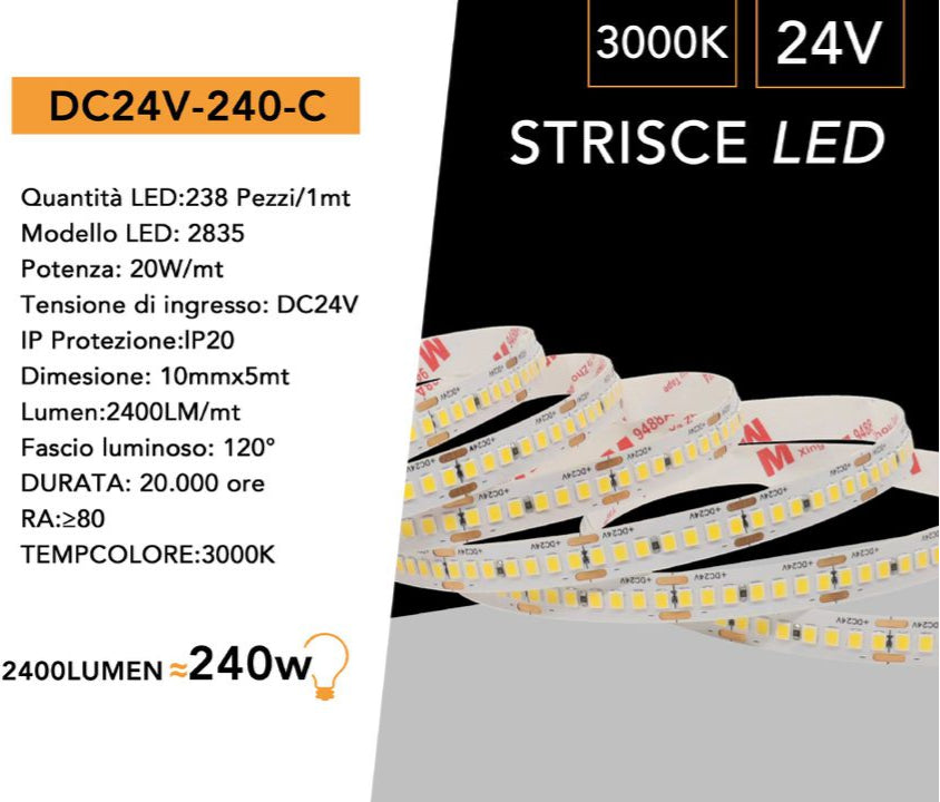 Striscia LED Monocolore 5m DC24V SMD 2835 238 LED/m IP20 90W 9900 Lumen